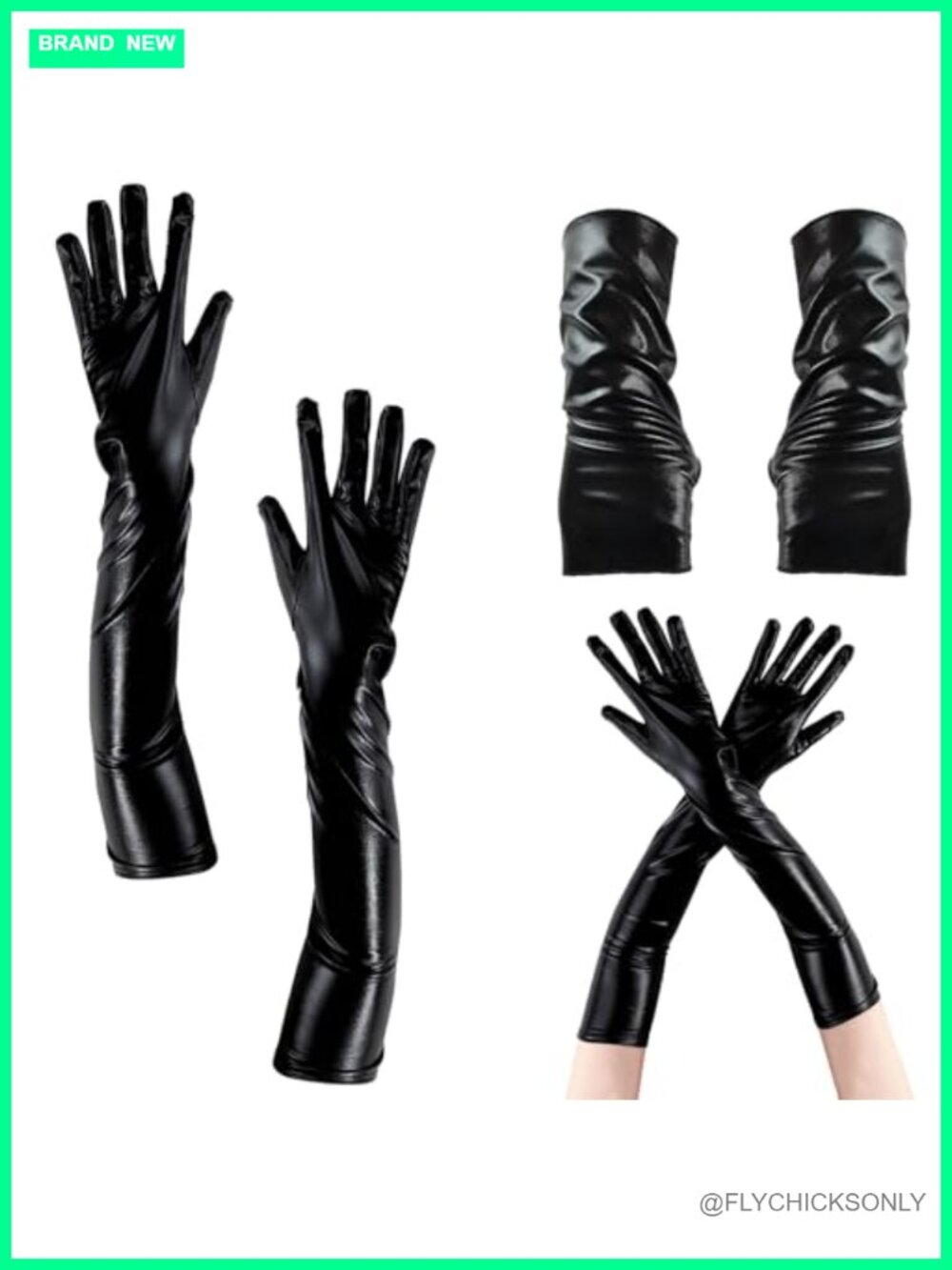Women's Faux Leather Gloves Set - Long Wet Look & Fingerless - Halloween